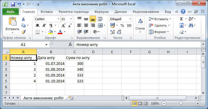 Документ Excel відображає експортовані дані з вкладки акти виконаних робіт документа договір FossLook